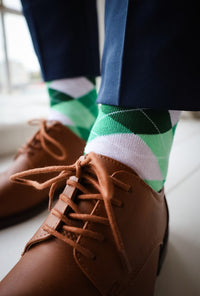 High Quality Cotton Mid-Calf Crew Socks - Green White Argyle