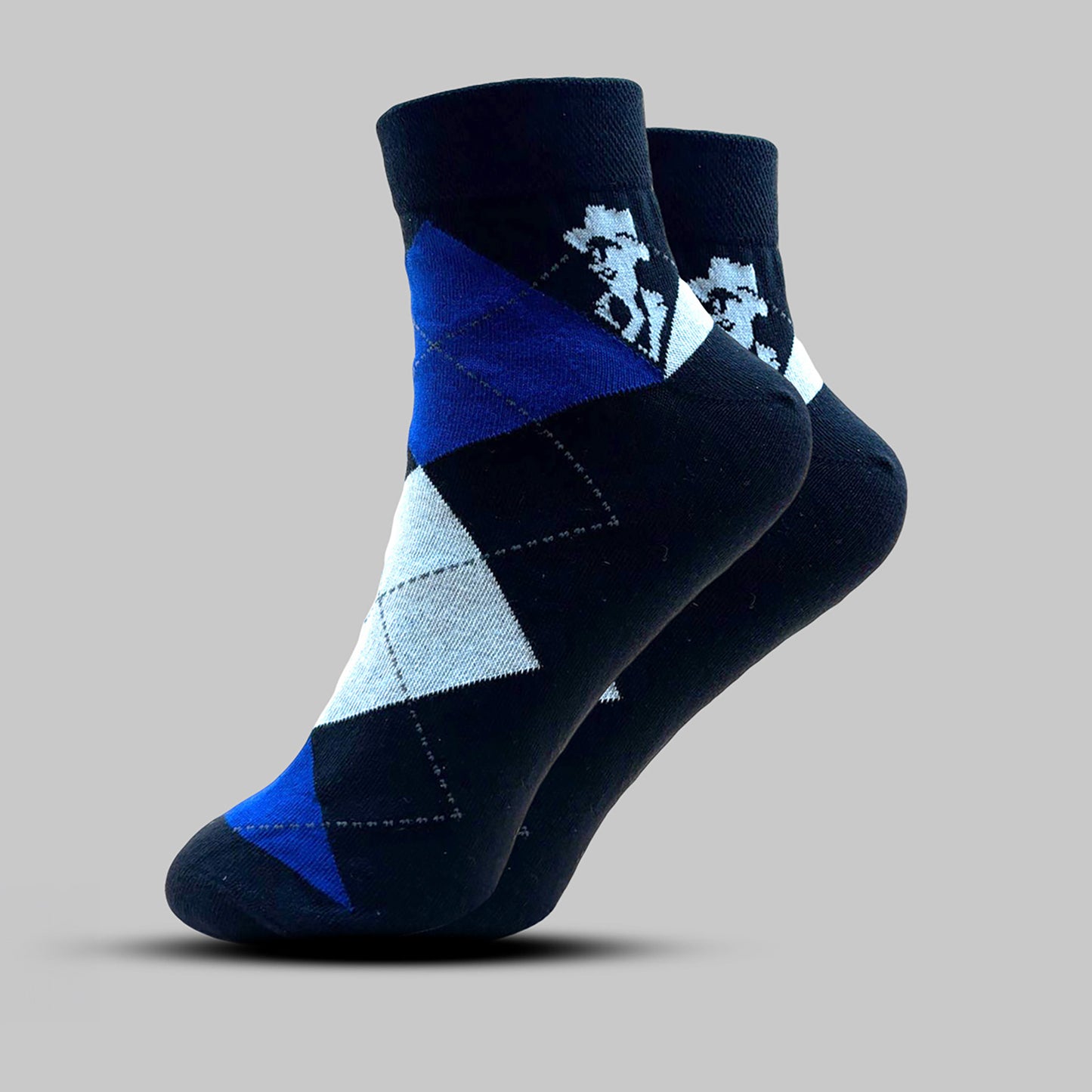 Blue argyle patterned socks with brand logo on a gray background