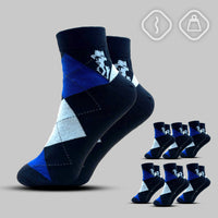 Blue argyle patterned socks with brand logo on a gray background