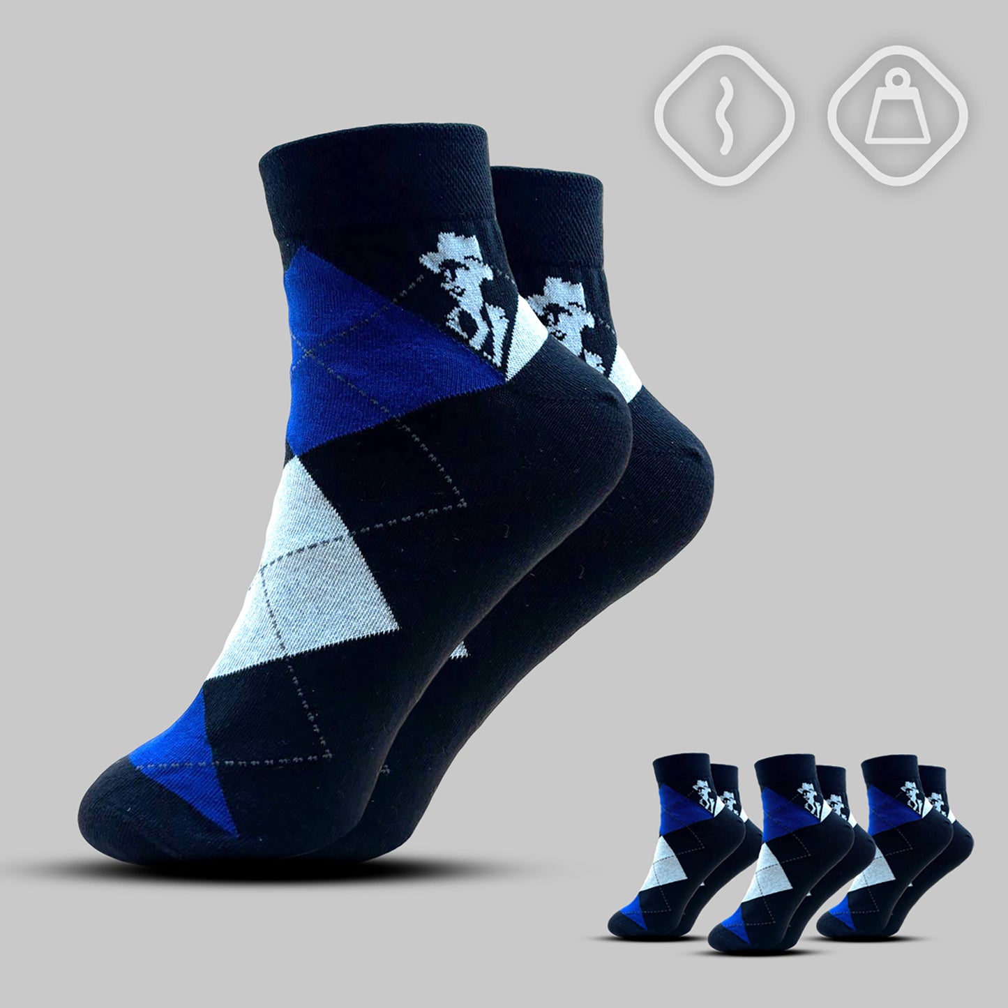 Blue argyle patterned socks with brand logo on a gray background
