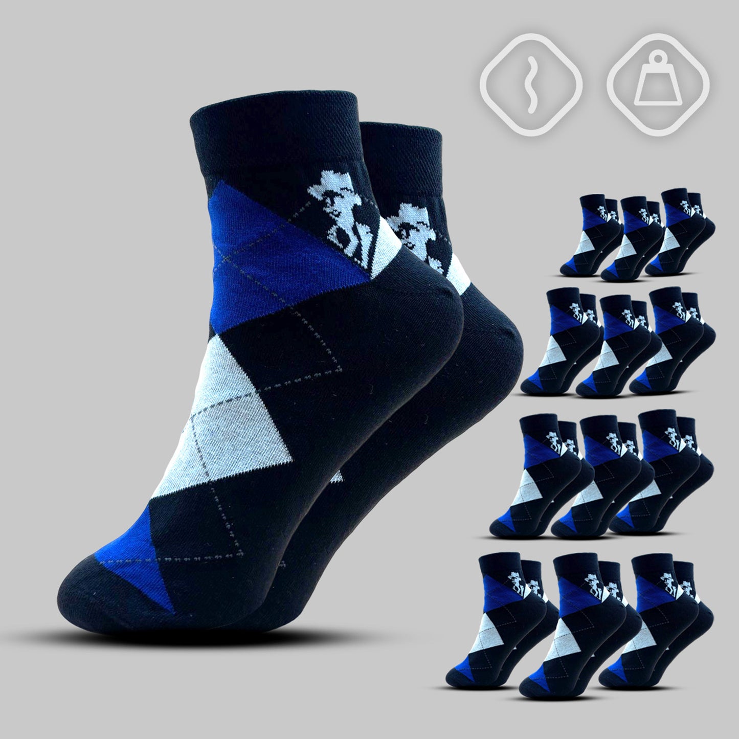 Blue argyle patterned socks with brand logo on a gray background