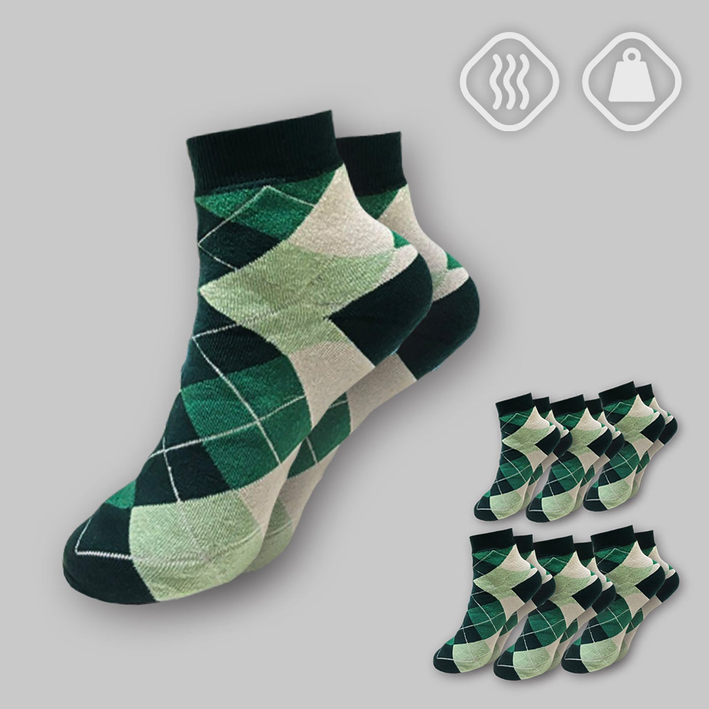 Green argyle socks on a gray background