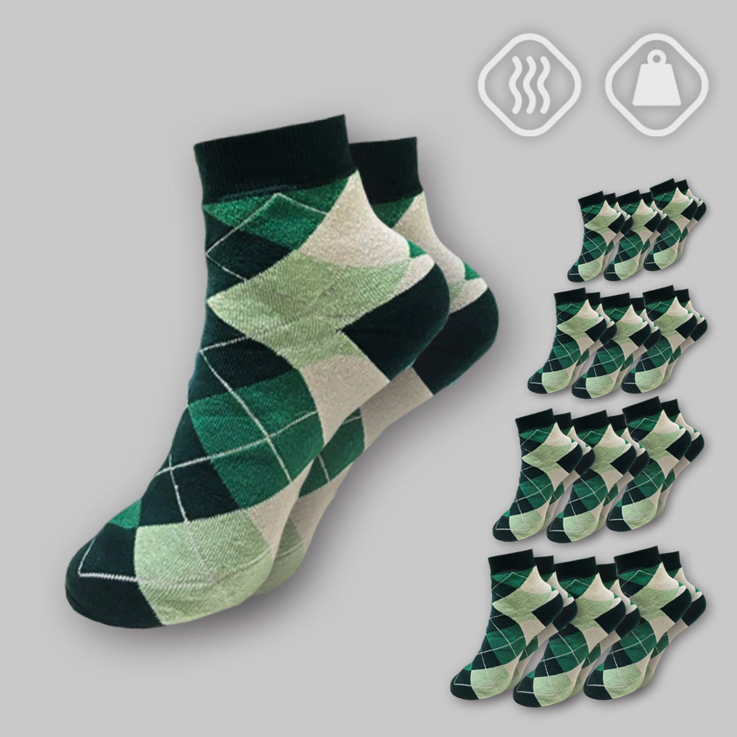 Green argyle socks on a gray background